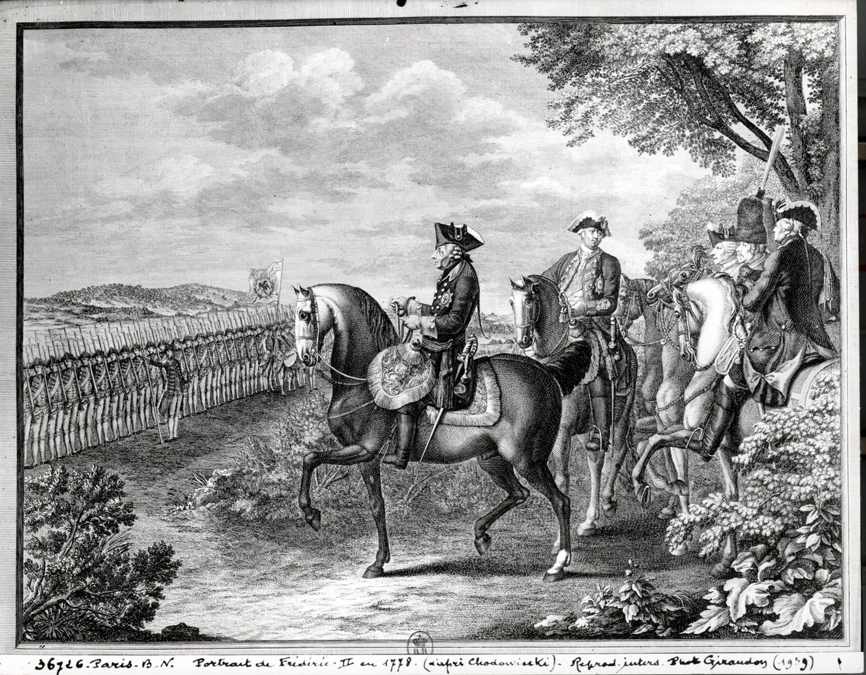 Preussin kuningas Frederick II (1712-86) arvioi joukkoja vuonna 1778 tekijältä Daniel Nikolaus Chodowiecki