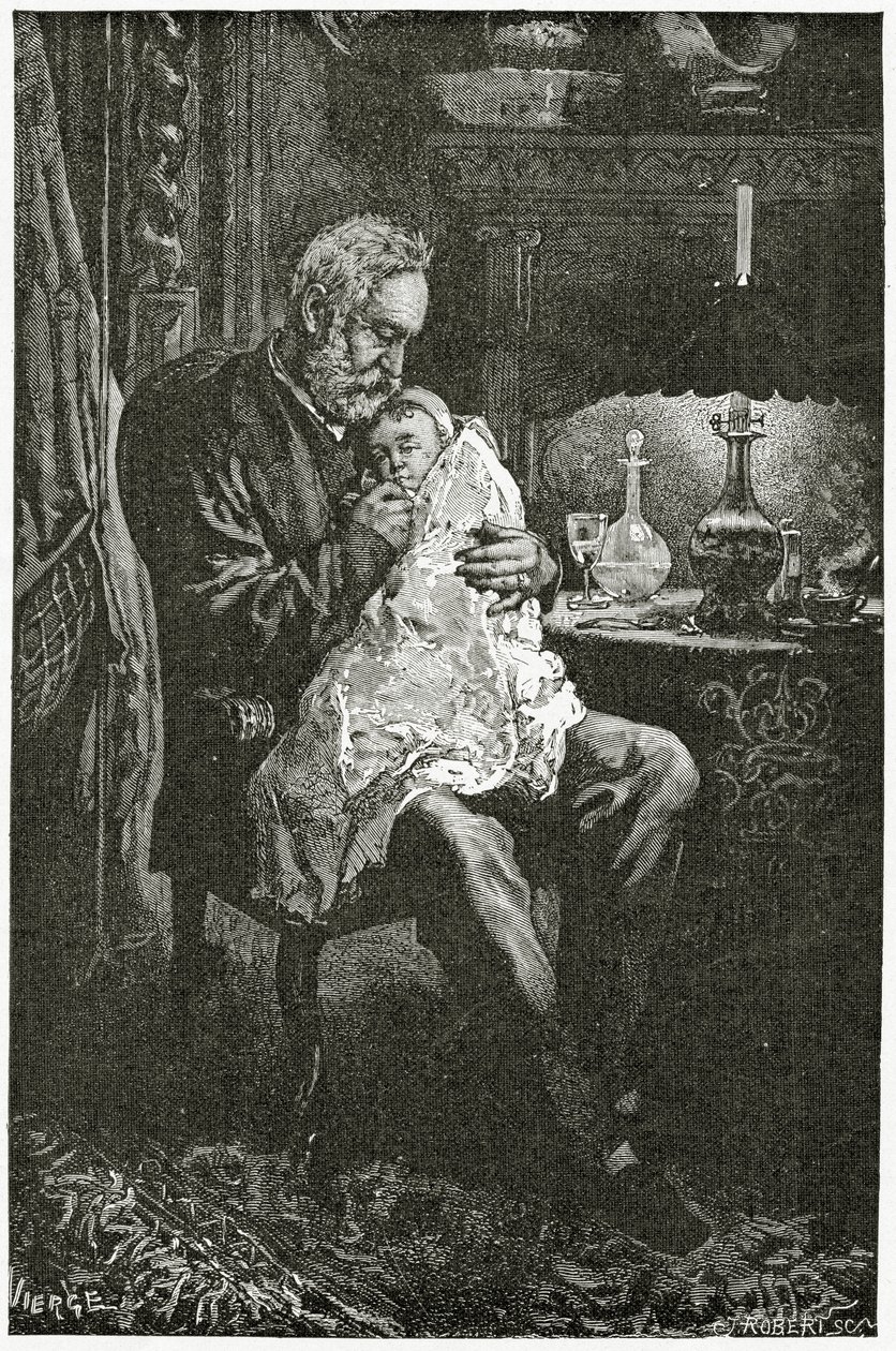Sairas lapsi, 1800-luku (bw-kaiverrus) tekijältä Daniel Urrabieta Vierge