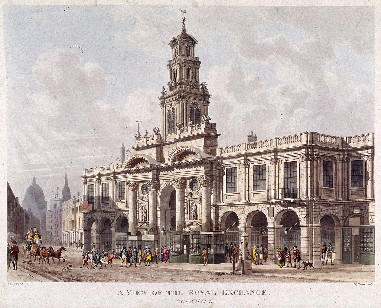 Royal Exchange 2. ulkopuoli, Lontoo, 1816 tekijältä Daniel Havell