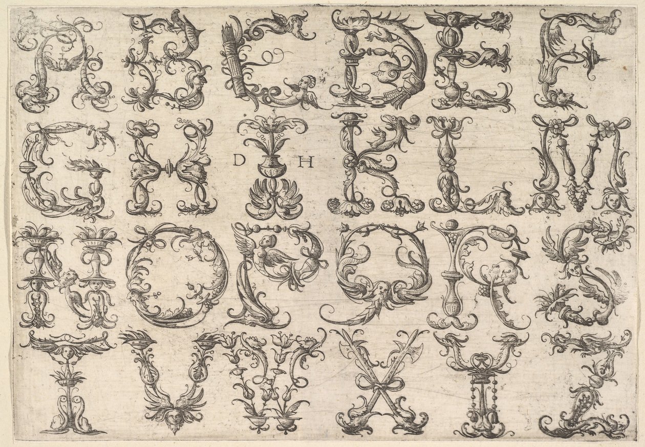 Koristeellinen roomalainen Majuscule Alphabet, n. 1520. tekijältä Daniel Hopfer
