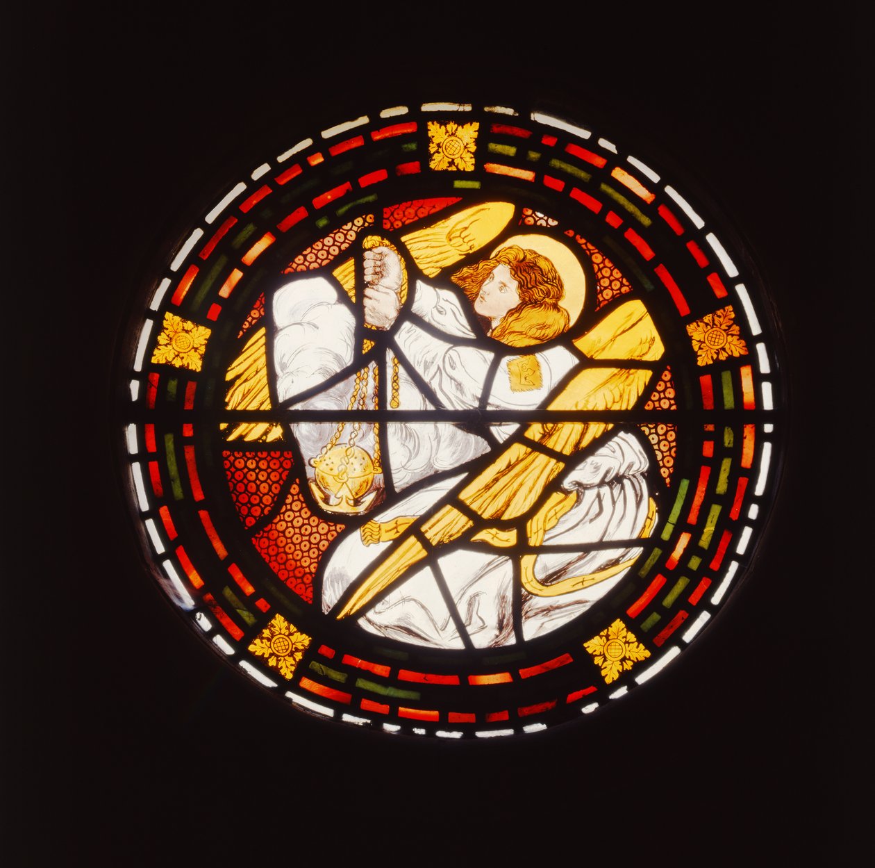 Enkeli tarjoamassa suitsutusastiaa, 1861 (lasimaalaus) tekijältä Dante Gabriel Charles Rossetti