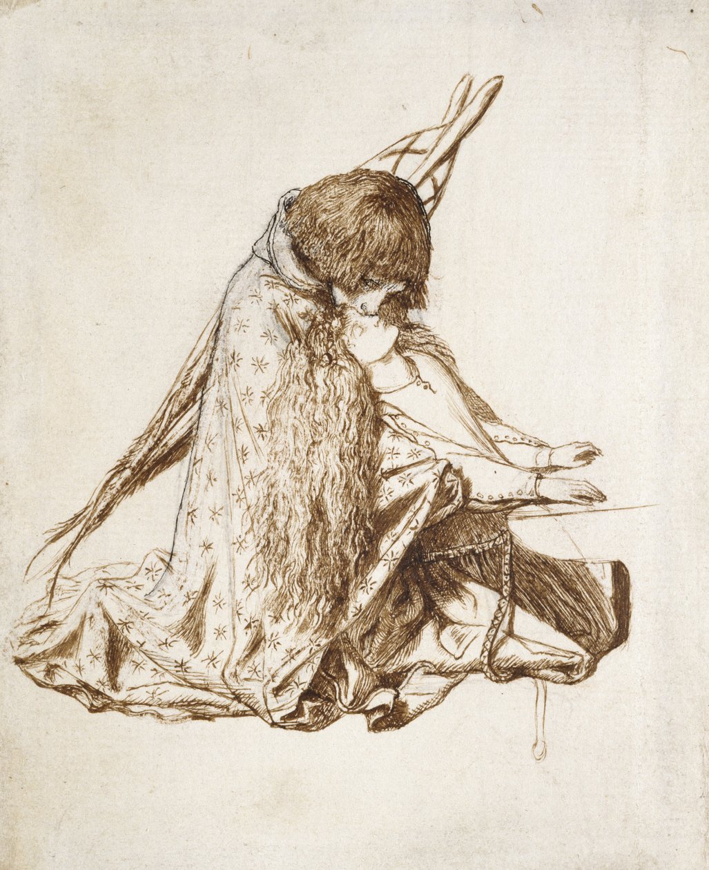 St Cecilia (kynä ja ruskea muste värjäytyneelle valkoiselle paperille) tekijältä Dante Gabriel Charles Rossetti