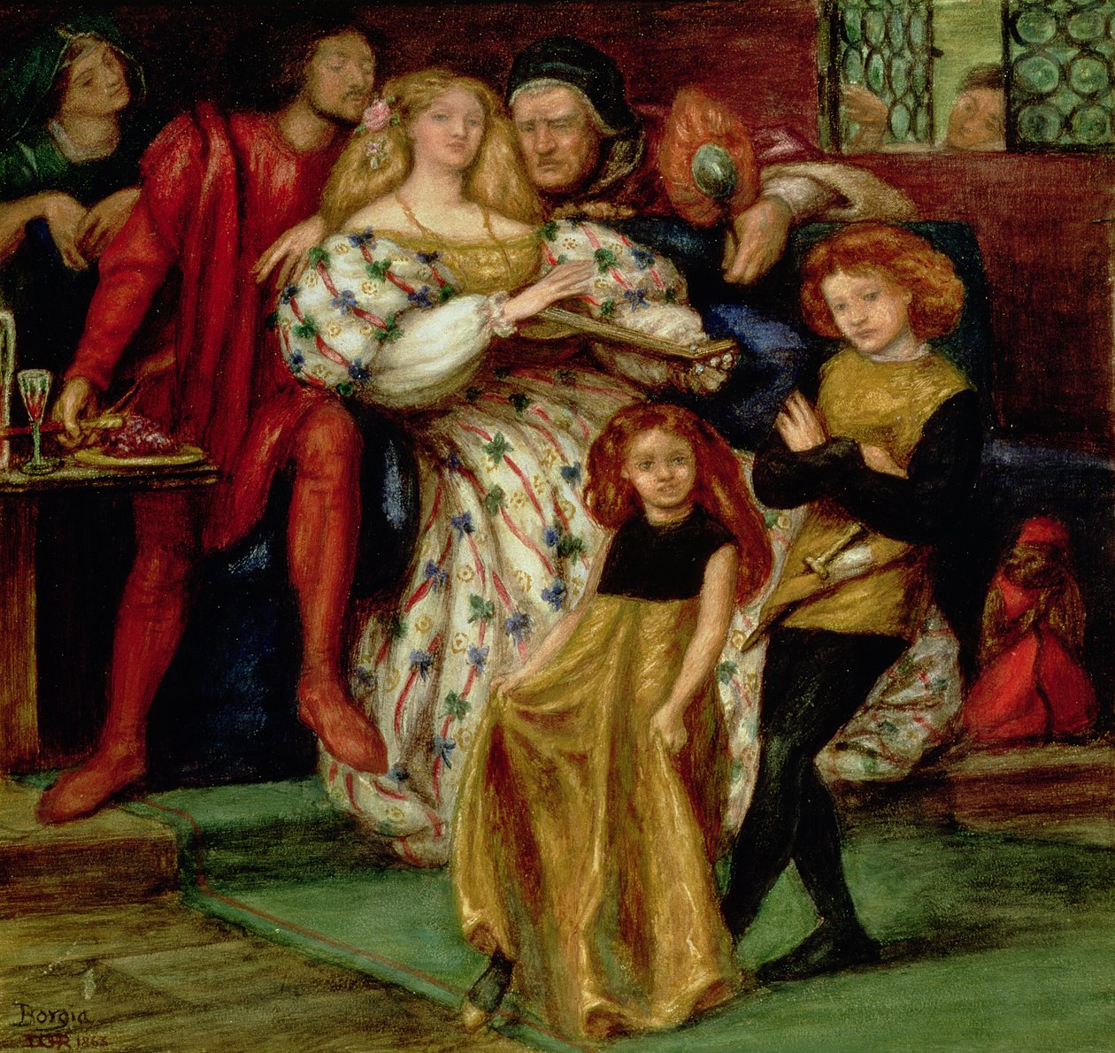 Borgian perhe, 1863 (Borgia, Lucretia (1480-1519): perheensä kanssa, mm. paavi Aleksanteri VI.) tekijältä Dante Gabriel Charles Rossetti