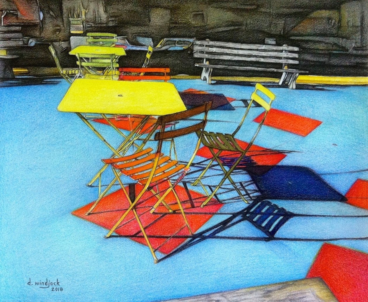 Patio Chairs, 2018 (lyijykynä, muste paperille) tekijältä Darrell Windjack