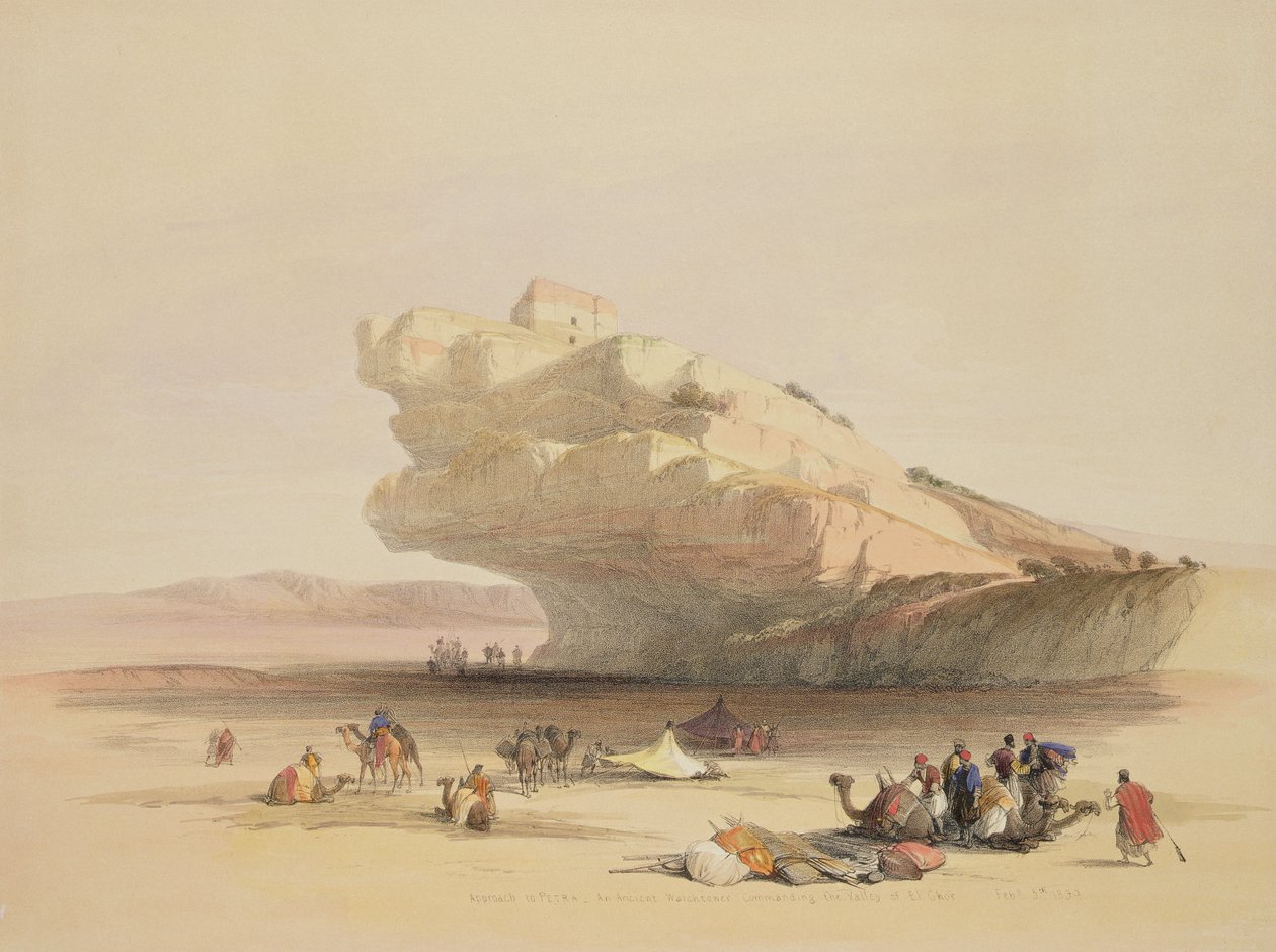 Approach to Petra, muinainen vartiotorni, joka komensi El Ghorin laaksoa, 5. helmikuuta 1839, levy 93 