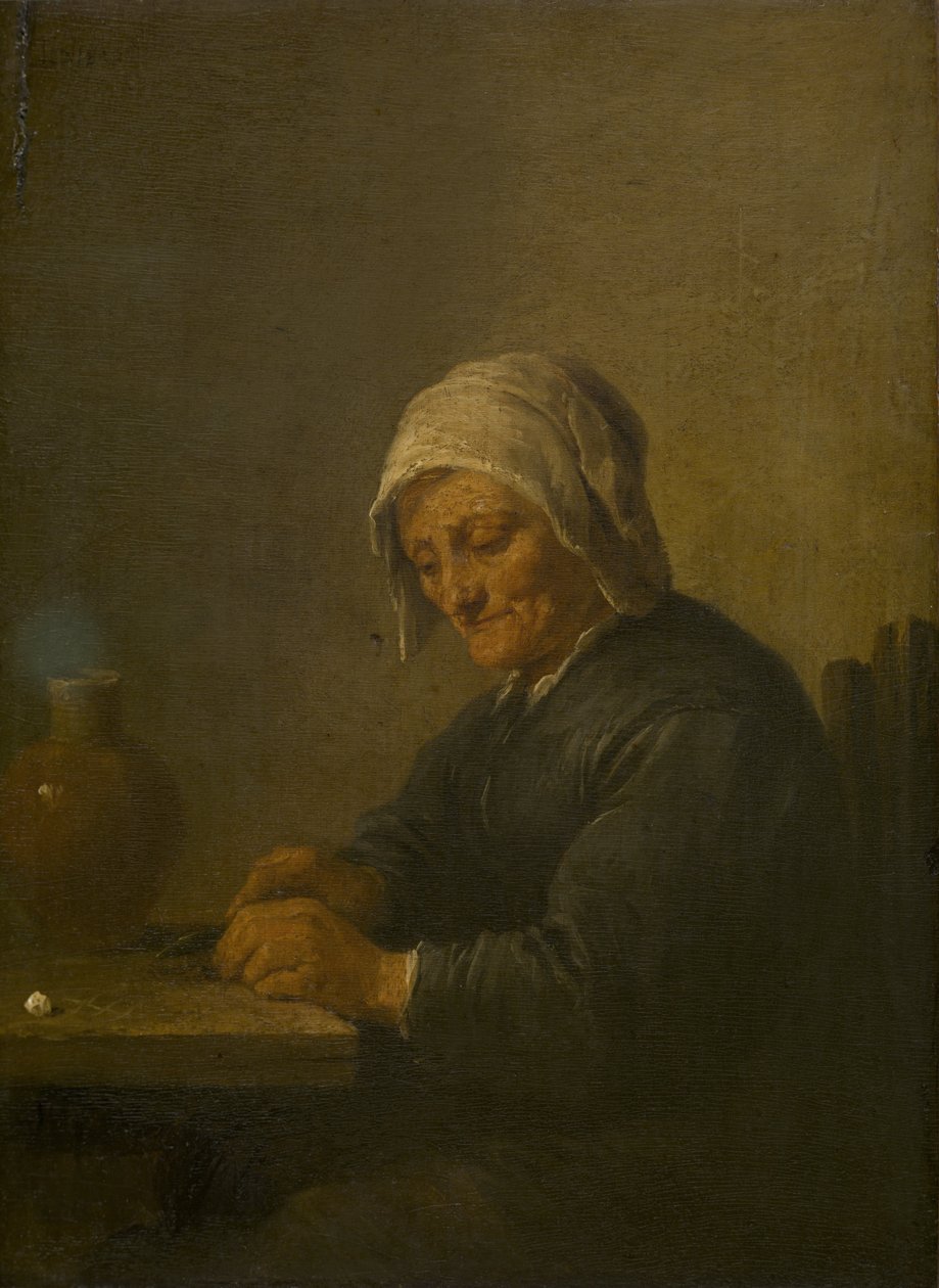 Vanha nainen leikkaa tupakkaa tekijältä David Teniers the Younger