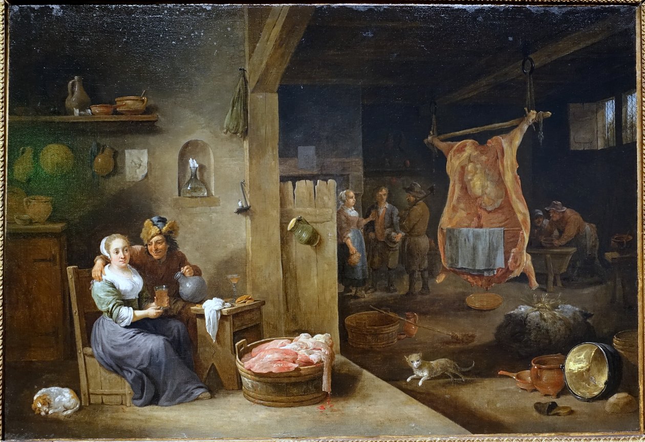 Flaamilainen sisustus teurastetulla härällä tekijältä David Teniers the Younger