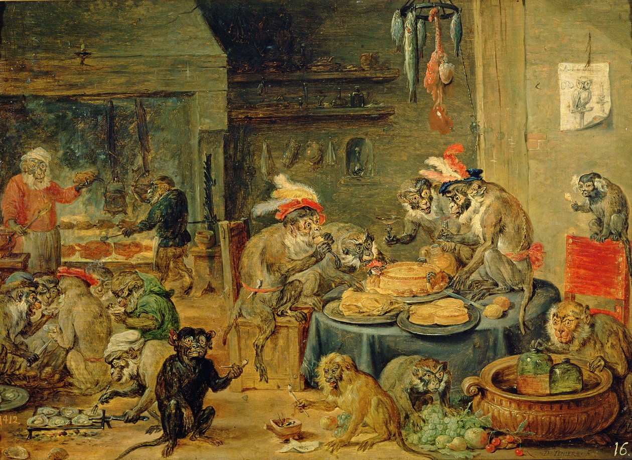 Monkey Banquet, 1810 (öljy puulle) tekijältä David Teniers the Younger