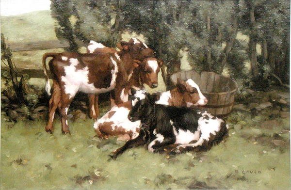 Kolme vasikkaa, n. 1920 (öljy kankaalle) tekijältä David Gould
