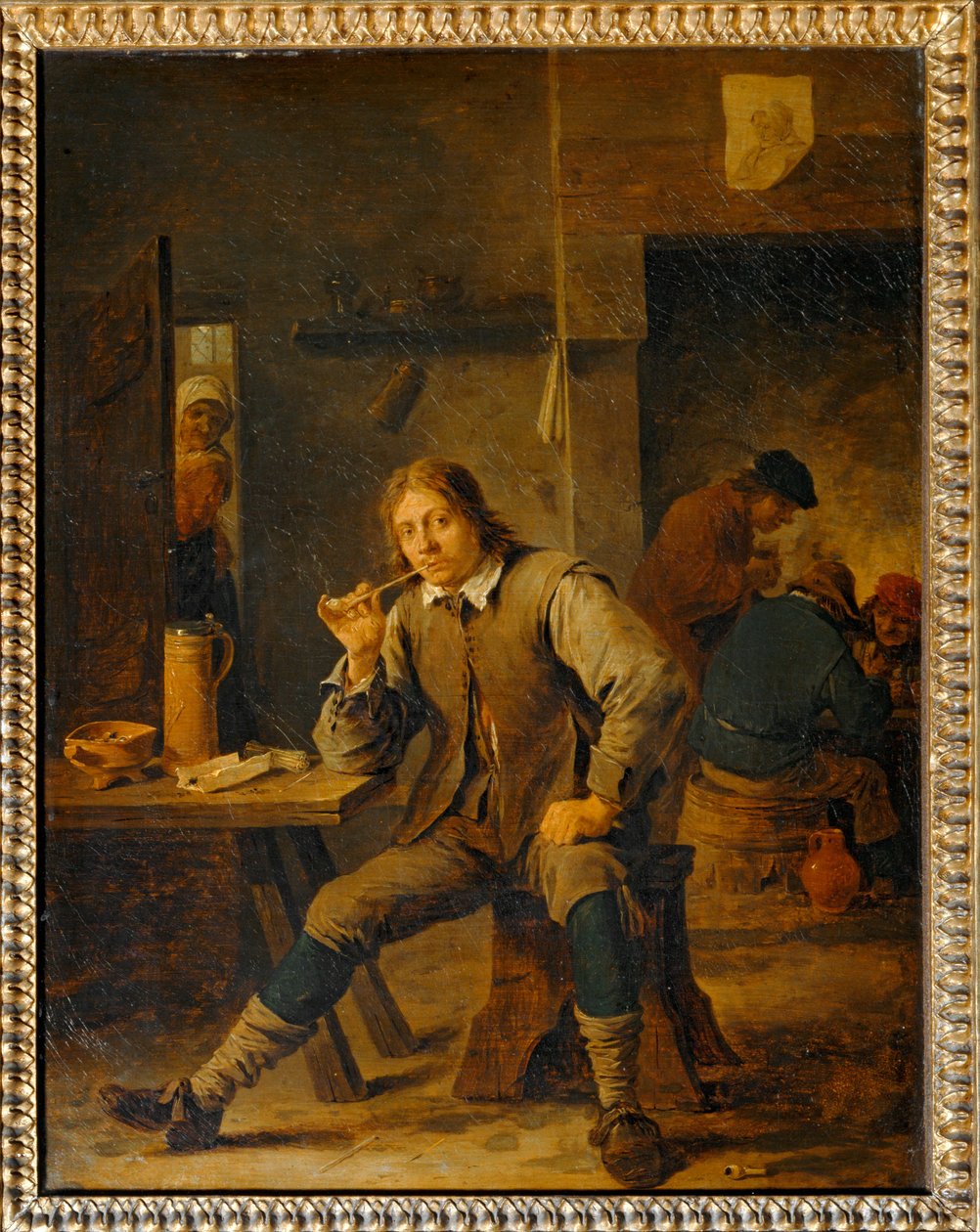 Tupakoitsija nojaa pöytää vasten ... tekijältä David the Younger Teniers