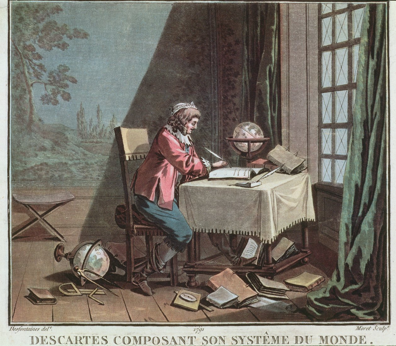 Rene Descartes (1596-1650) kirjoittamassa maailmanjärjestelmäänsä, kaivertanut Jean Baptiste Moret (fl.1790-1820), 1791 tekijältä Desfontaines