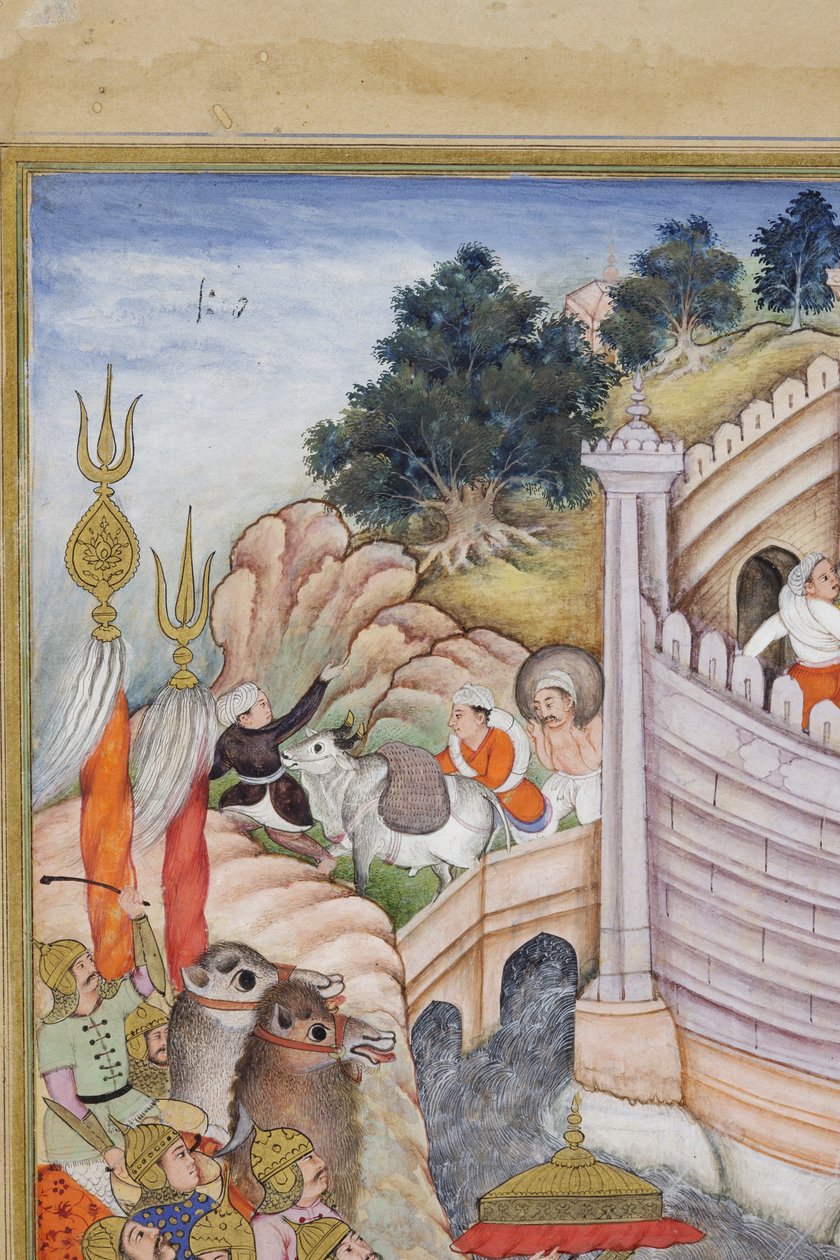 Yksityiskohta kuvasta Baburin joukot valtaavat Kabulin linnoituksen, noin 1590-1600 (opaakki wc ja kulta paperilla). tekijältä Dhannu, and Dharmdas Farrukh