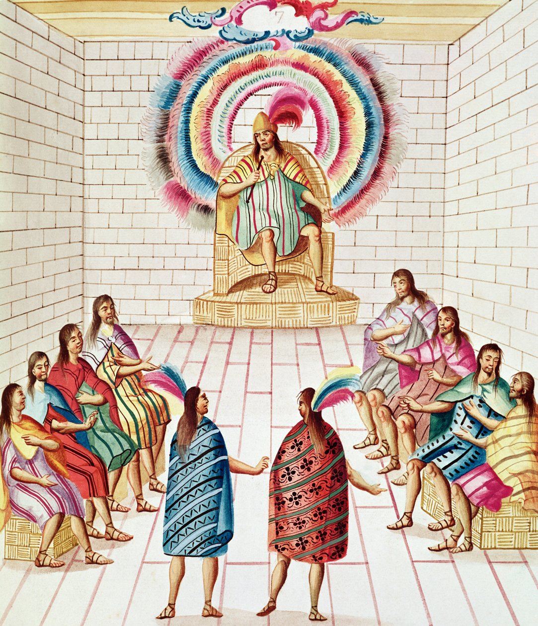 Tome 3 fol.7, Montezuma II ja hänen neuvostonsa, "Teatro de la Nueva Espana", 1700-luvun loppu tekijältä Diego Garcia Panes y Avellan