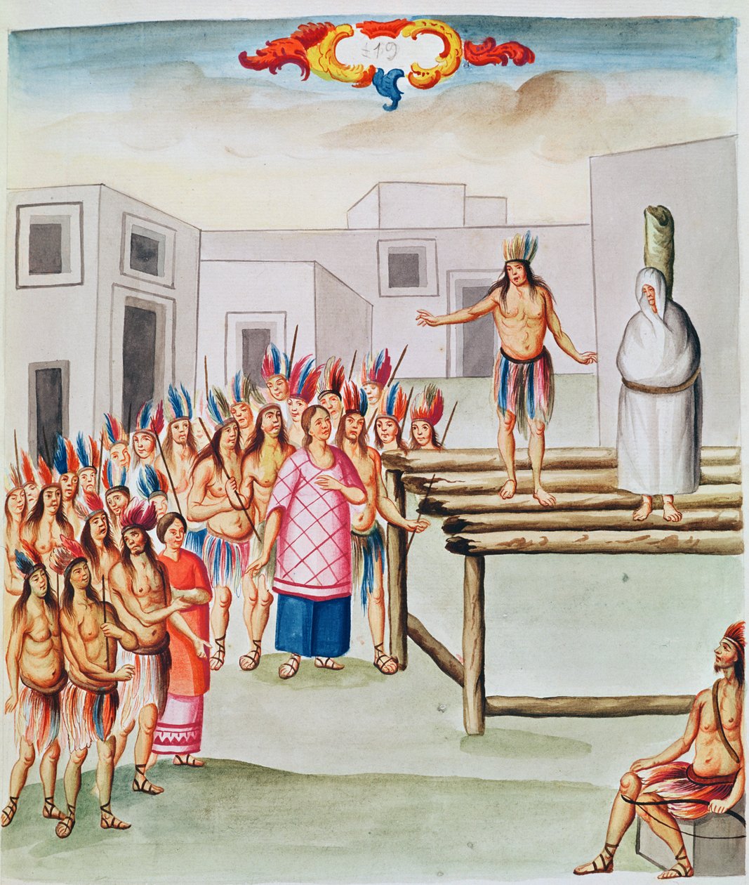 Tome 4 fol.19, Näkymä Plaza de Thalcolle, jossa intiaani on sidottu paaluun, Teatro de la Nueva Espanasta, 1700-luvun loppu tekijältä Diego Garcia Panes y Avellan
