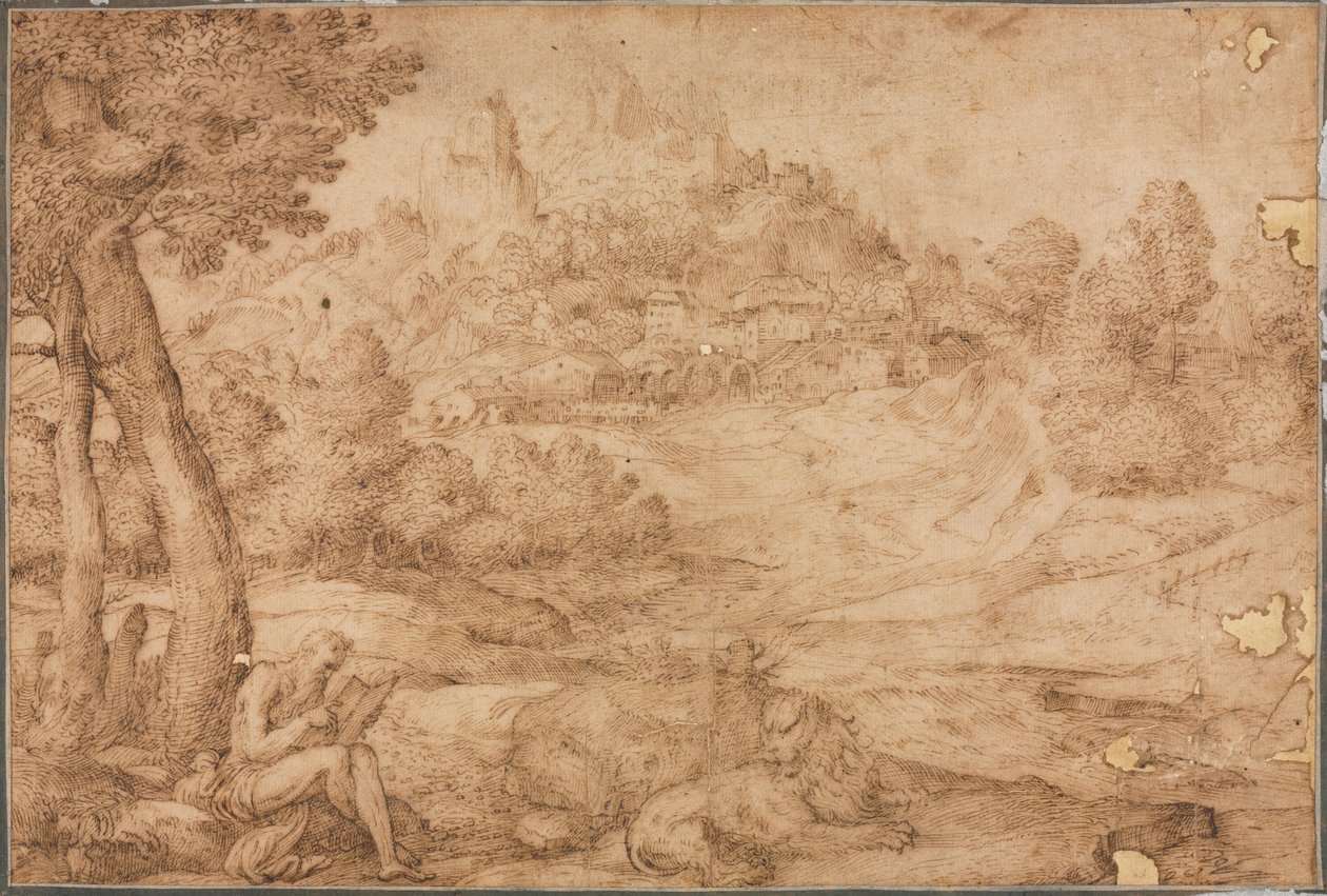 Pyhä Hieronymus maisemassa, n. 1530. tekijältä Domenico Campagnola