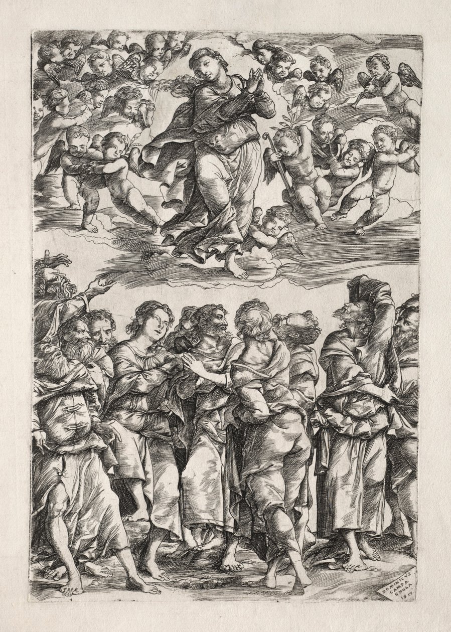 Neitsyt taivaaseenastuminen, 1517. tekijältä Domenico Campagnola