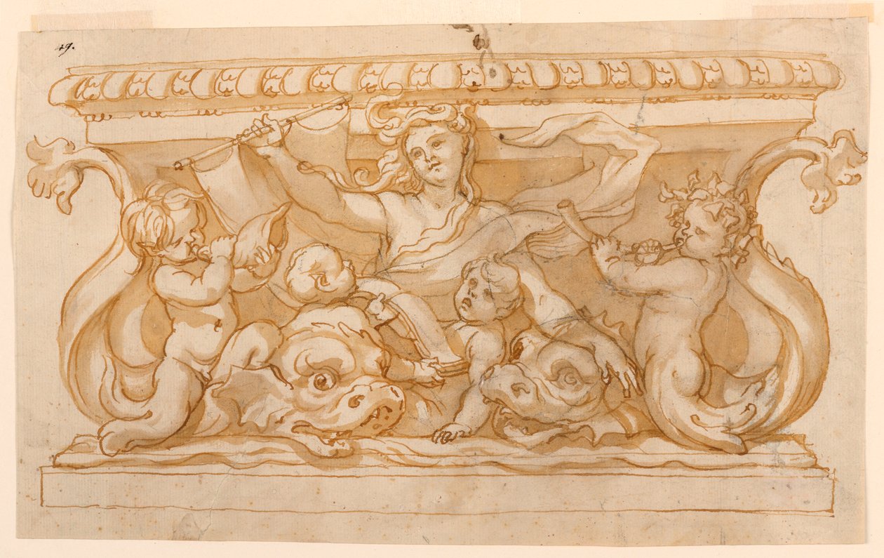 Piirustus, suihkulähdeallas, 1650-75 tekijältä Domenico Piola