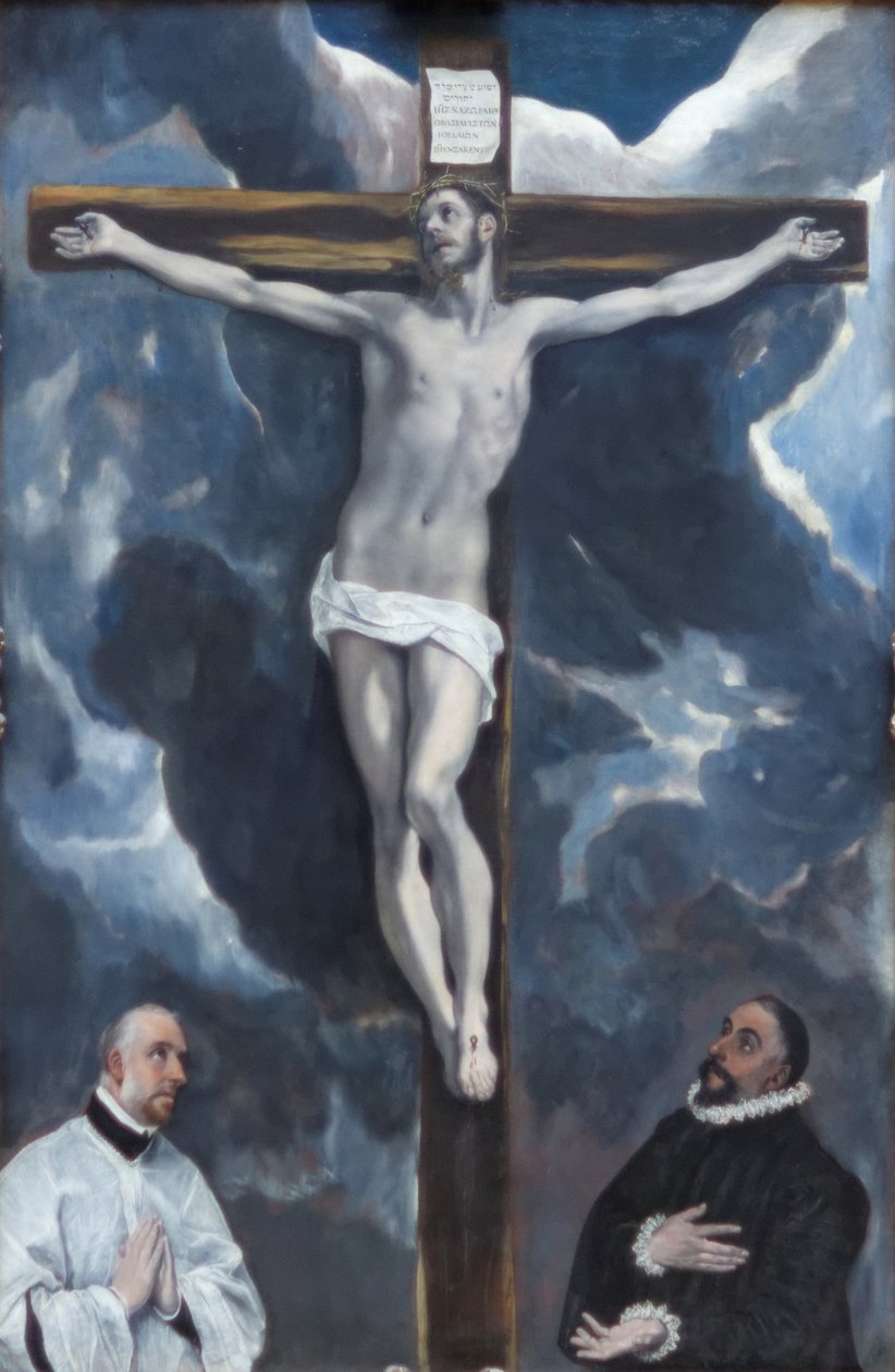 Le Christ en croix adoré par deux lahjoittajat tekijältä El Greco