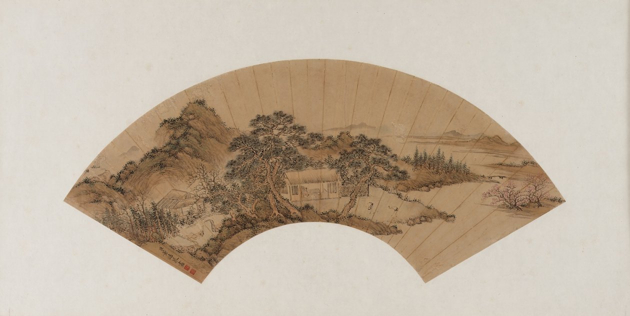 Oppineet lukemassa olkikattoisessa majassa, Qing-dynastia, 1700-luvun loppu - 1800-luvun alku (muste ja väri paperille) tekijältä Dong Gao