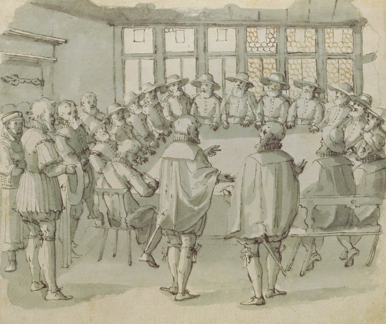 Kiltakokous, 1600-luvun toinen puoli (kynä ja muste harmaalla pesulla paperilla) tekijältä Dutch School
