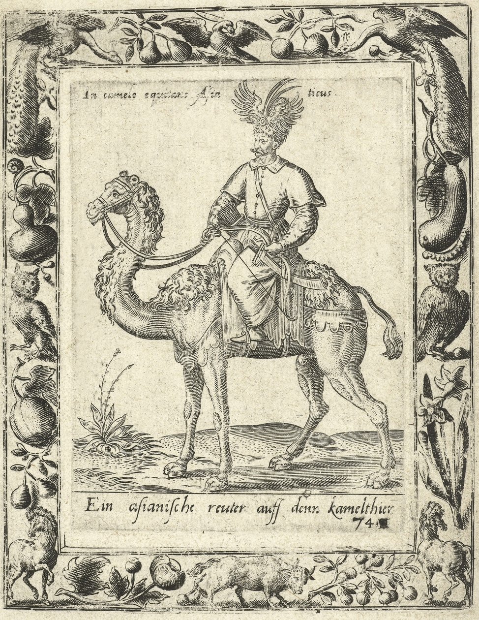 Arabian Hunter ratsastaa kamelilla, pubi. 1577 tekijältä Dutch School