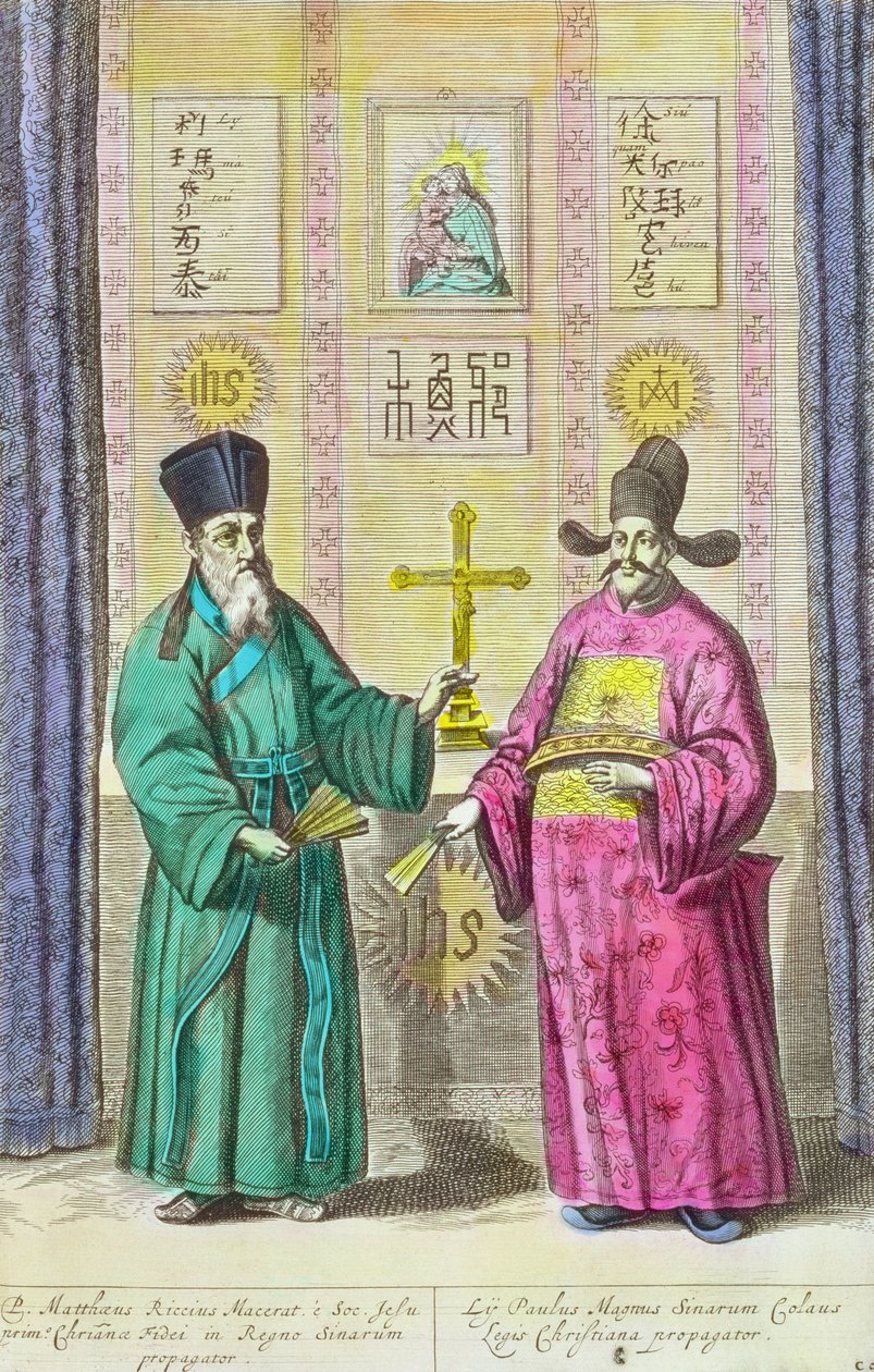 Matteo Ricci (1552-1610) ja toinen kristitty lähetyssaarnaaja Kiinaan, Athanasius Kircherin (1601-80) kuvasta "China Illustrated" 1667 (myöhempi väritys) tekijältä Dutch School