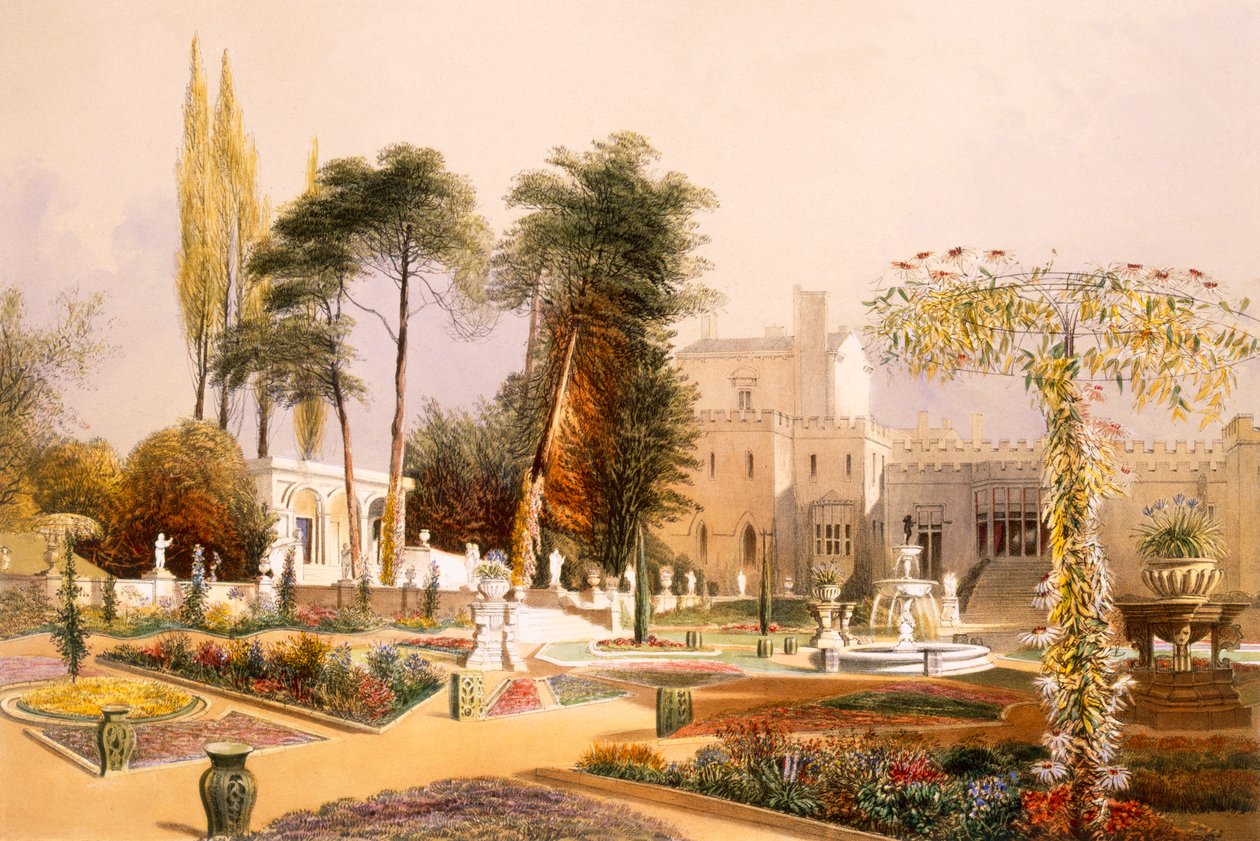 Parterre puutarhassa Wiltonissa, Pembroken jaarlin (chromolitho) kotipaikka tekijältä E. Adveno Brooke
