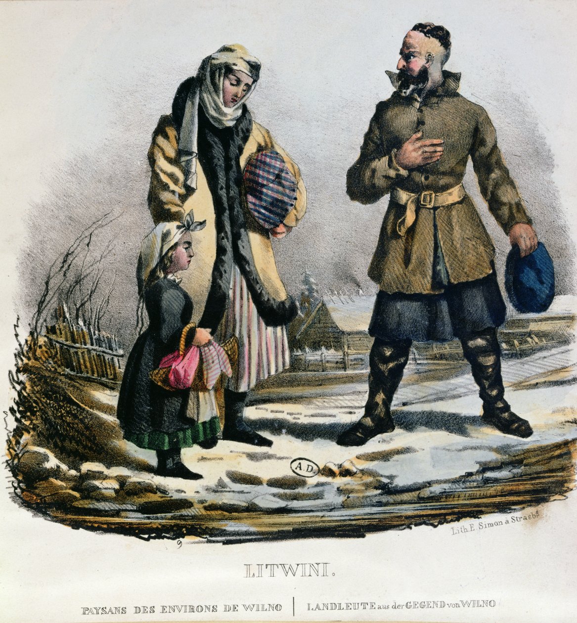 Liettuan talonpojat Vilnan alueelta, n. 1830-40 tekijältä E. Simon