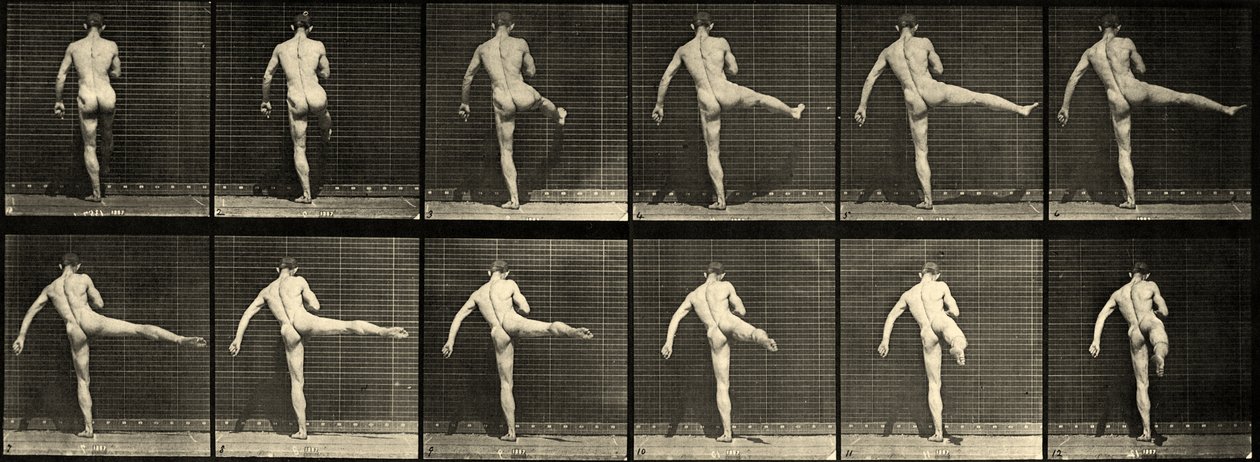 Alaston miesbalettitanssija, First Ballet -toiminta, oikean jalan nosto (levy 369) n. 1887 tekijältä Eadweard Muybridge