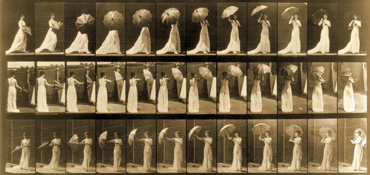 Nainen avaamassa sateenvarjoa Animal Locomotion -sarjasta, n. 1887 tekijältä Eadweard Muybridge