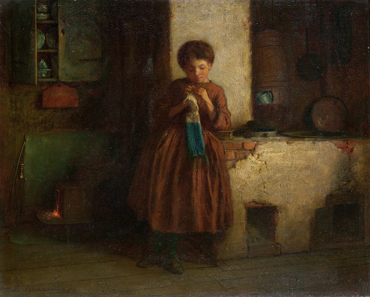 Neule sotilaille, 1861 (öljy myllylevylle) tekijältä Eastman Johnson