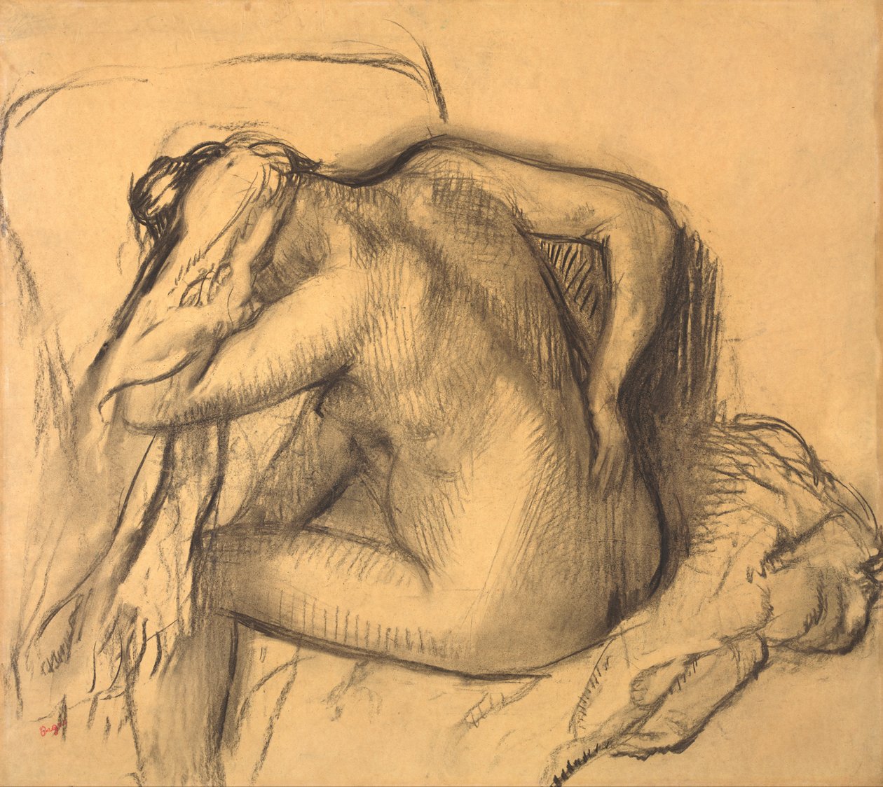 Kylvyn jälkeen nainen kuivattaa hiuksiaan tekijältä Edgar Degas