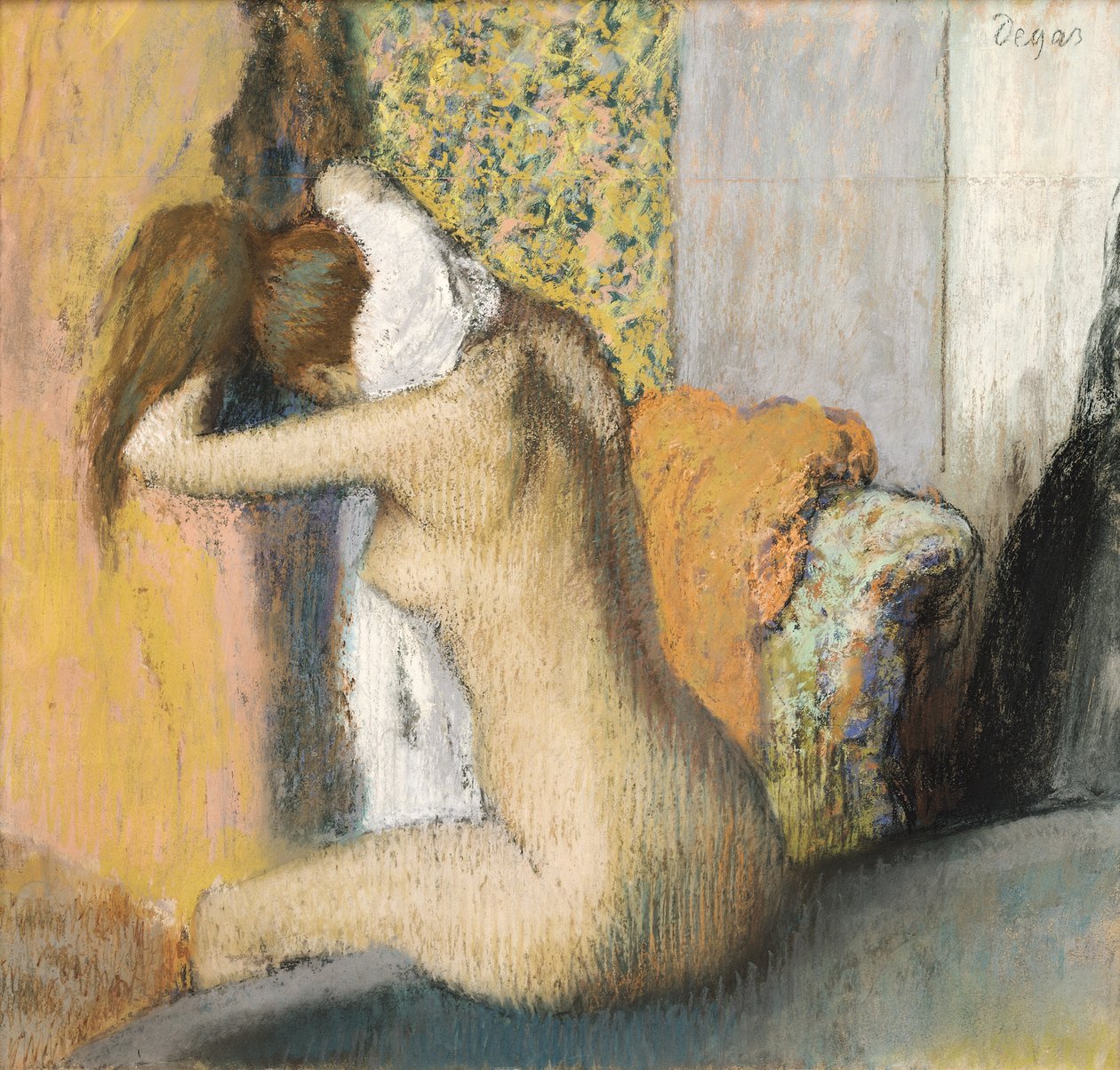 Kylvyn jälkeen, nainen kuivaamassa niskaansa, 1898 (pastelli kiinnitetylle paperille) tekijältä Edgar Degas