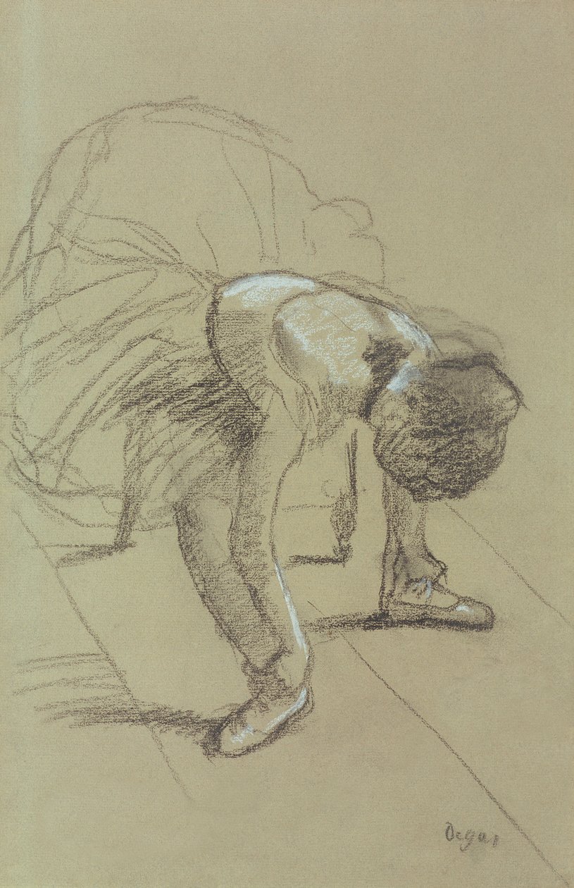 Istuva tanssija säätelemässä kenkiään, n. 1890 (hiili ja pastelli paperilla) tekijältä Edgar Degas