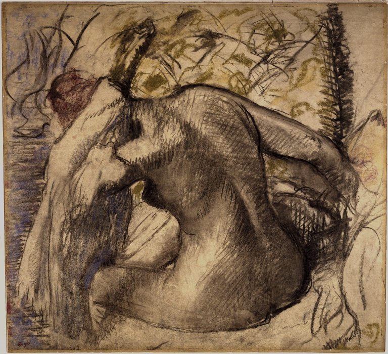 Istuva alaston nainen kuivaamassa hiuksiaan tekijältä Edgar Degas