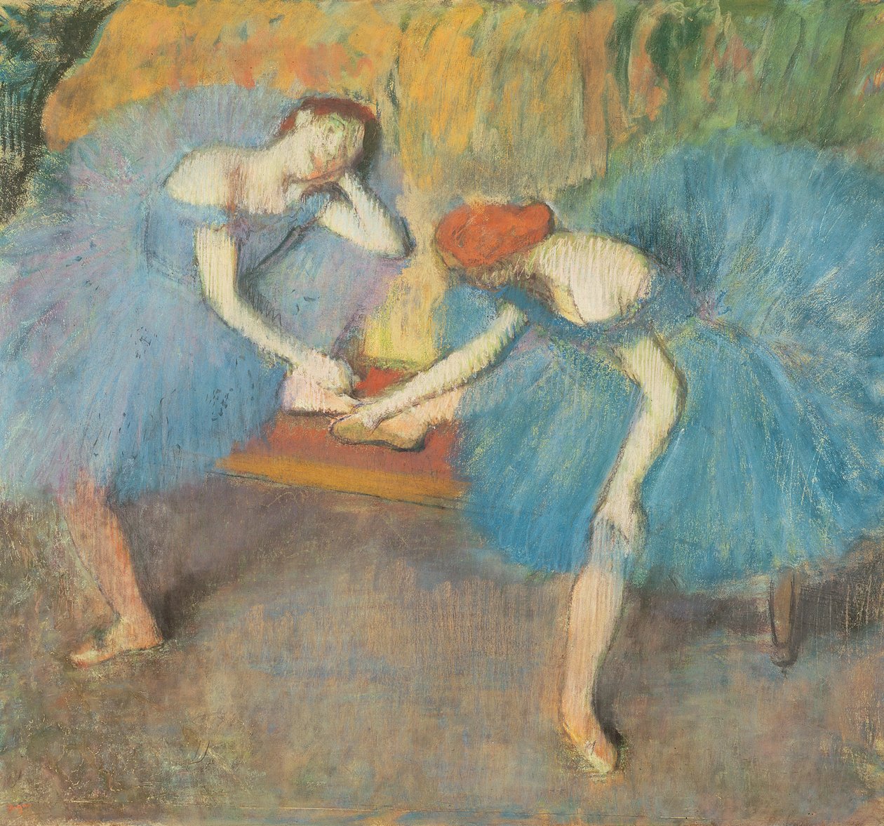 Kaksi tanssijaa levossa tai Tanssijat sinisessä, noin 1898 (pastelli paperille). tekijältä Edgar Degas