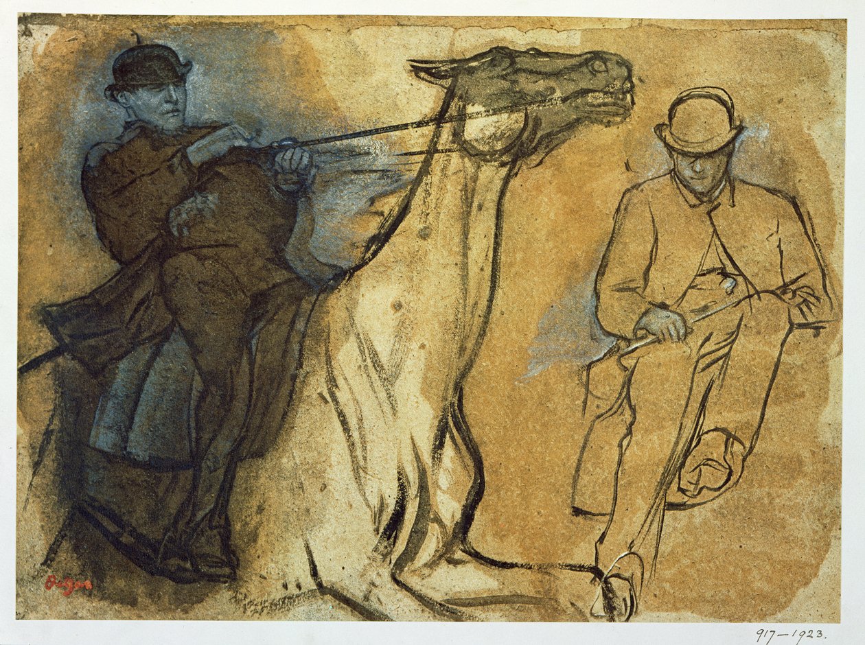 Kaksi ratsastajien tutkimusta (kynä ja muste, öljy ja guassi kiillotuspaperilla) tekijältä Edgar Degas