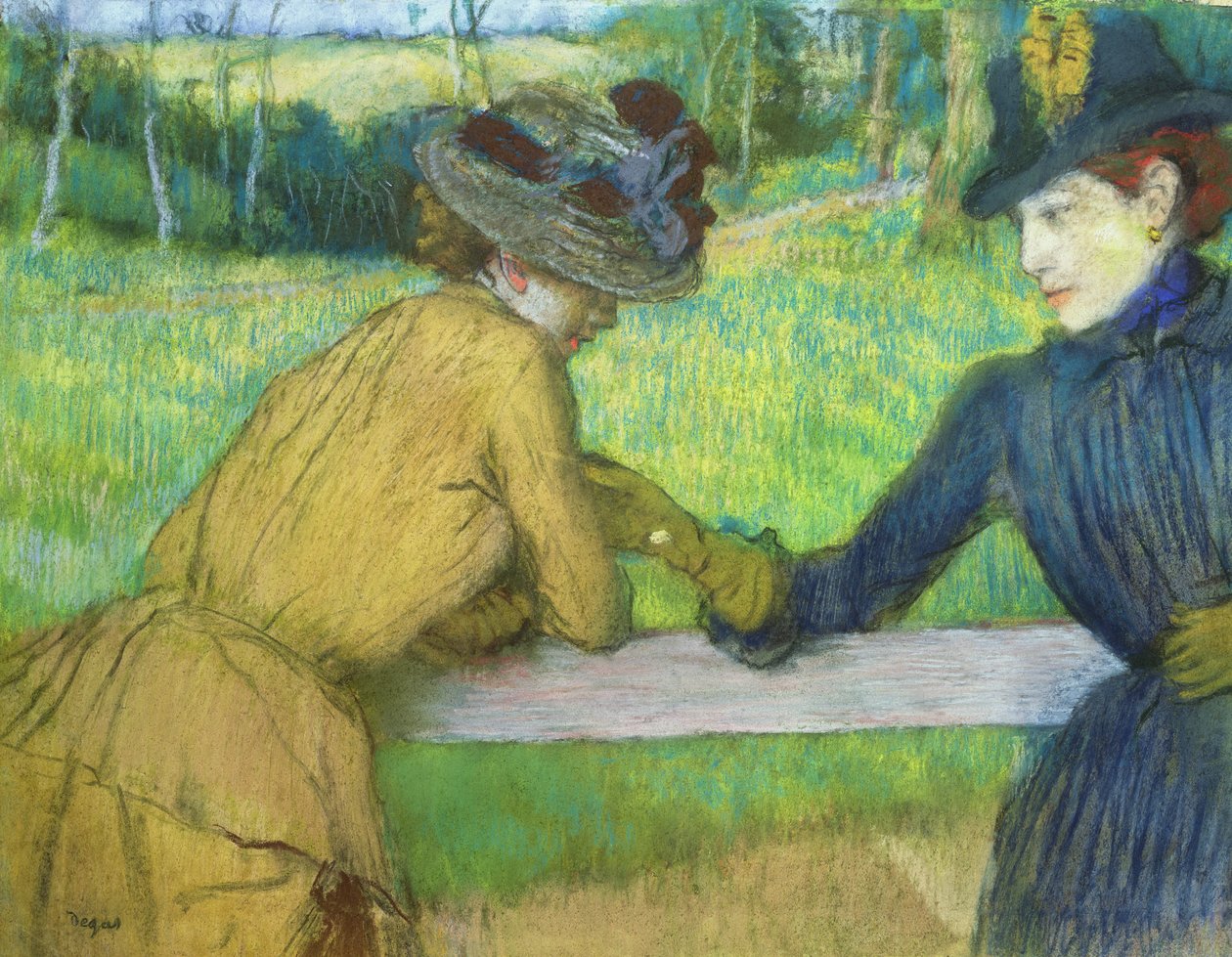 Kaksi naista nojaa portille (pastelli) tekijältä Edgar Degas
