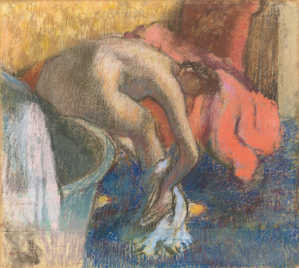 Kylvyn jälkeen nainen kuivaa jalkaansa tekijältä Edgar Degas