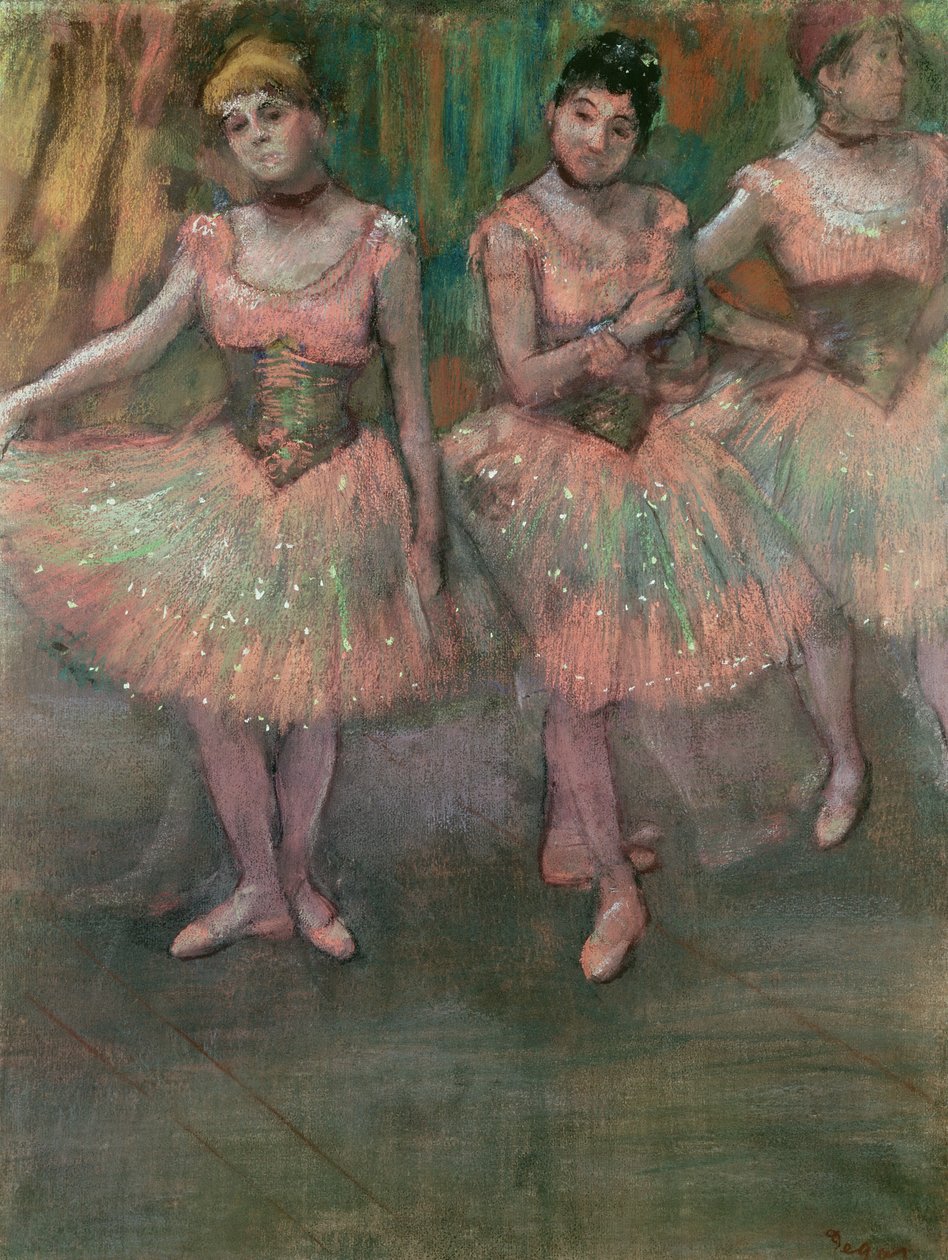 Tanssijat yllään lohenväriset hameet tekijältä Edgar Degas
