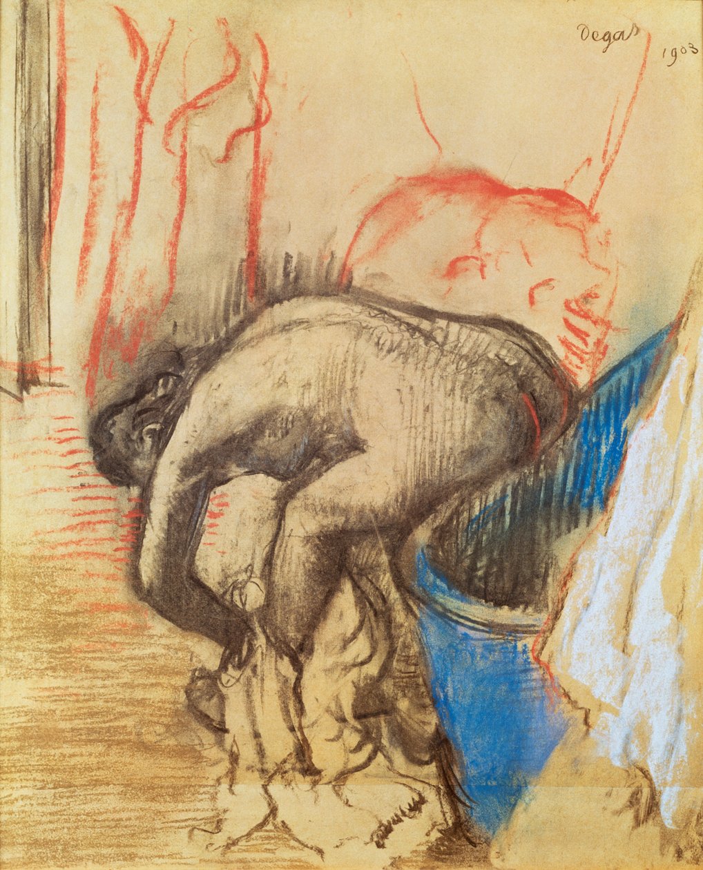 Nainen kuivaamassa vasenta jalkaansa tekijältä Edgar Degas