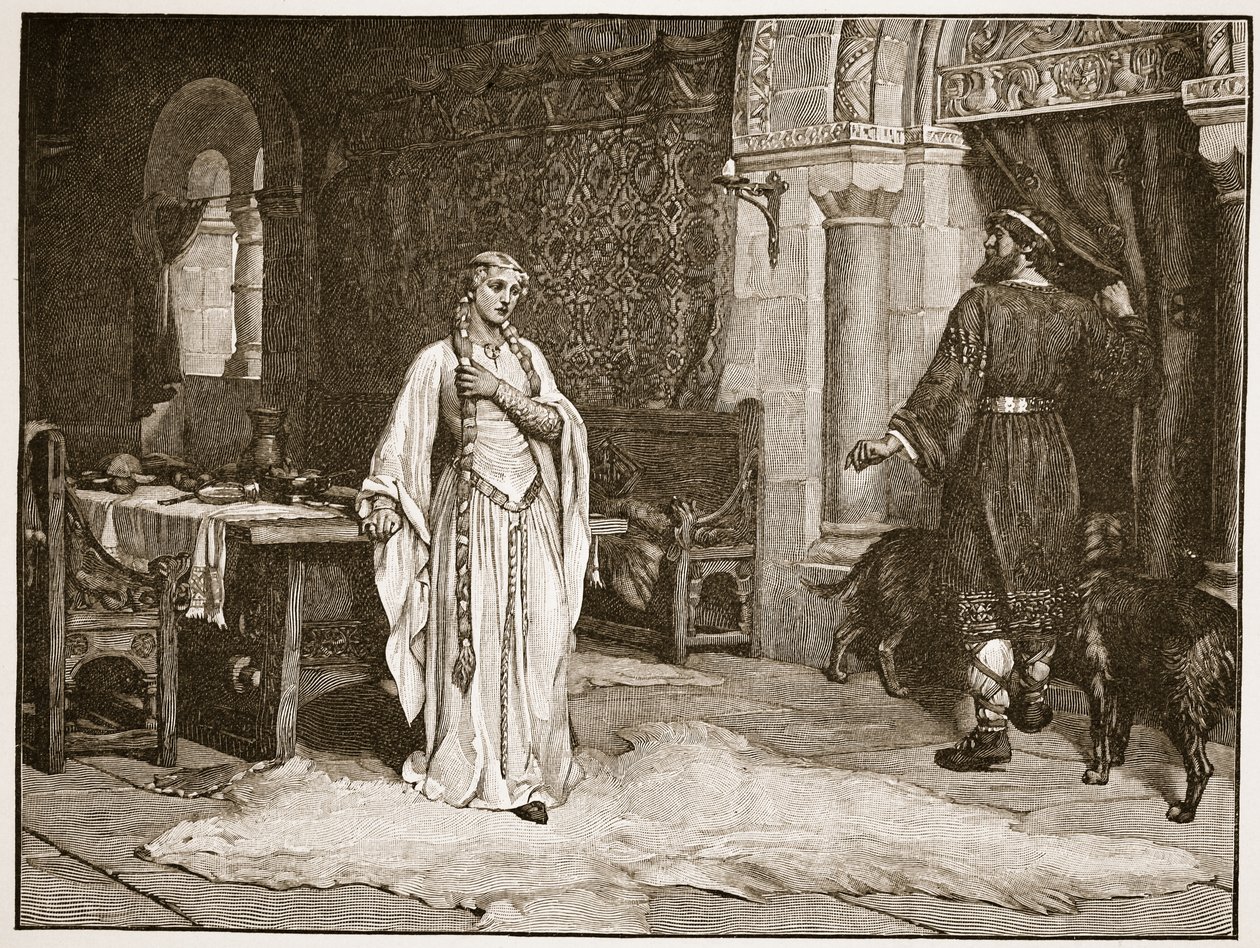Earl Leofric ja Lady Godiva, kuvitus teoksesta "The Church of England: A History for the People", kirjoittanut H.D.M. Spence-Jones, pubi. n. 1910 (seepiavalokuva) tekijältä Edmund Blair Leighton