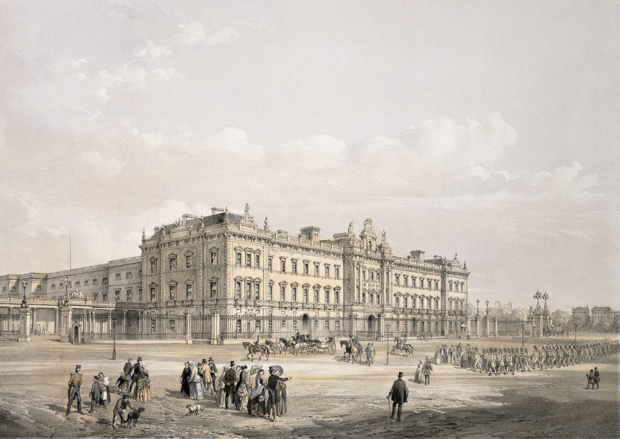 Buckinghamin palatsi, kaiverrus Thomas Picken (fl.1838-d.1870), pub. 1852, Lloyd Bros. und Co. (litografia) tekijältä Edmund Walker