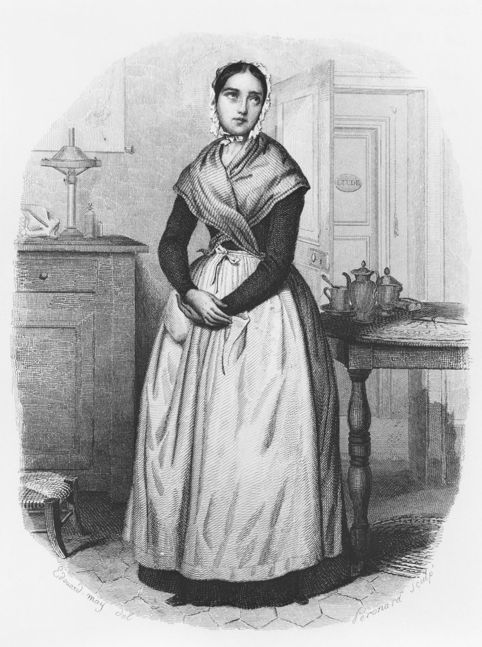 Palvelija Louise Morel, kuvitus Eugene Suen (1804-57) Les Mysteres de Parisista, Melchior Peronardin (1800-luku) kaivertama n. 1842-43 tekijältä Edouard May