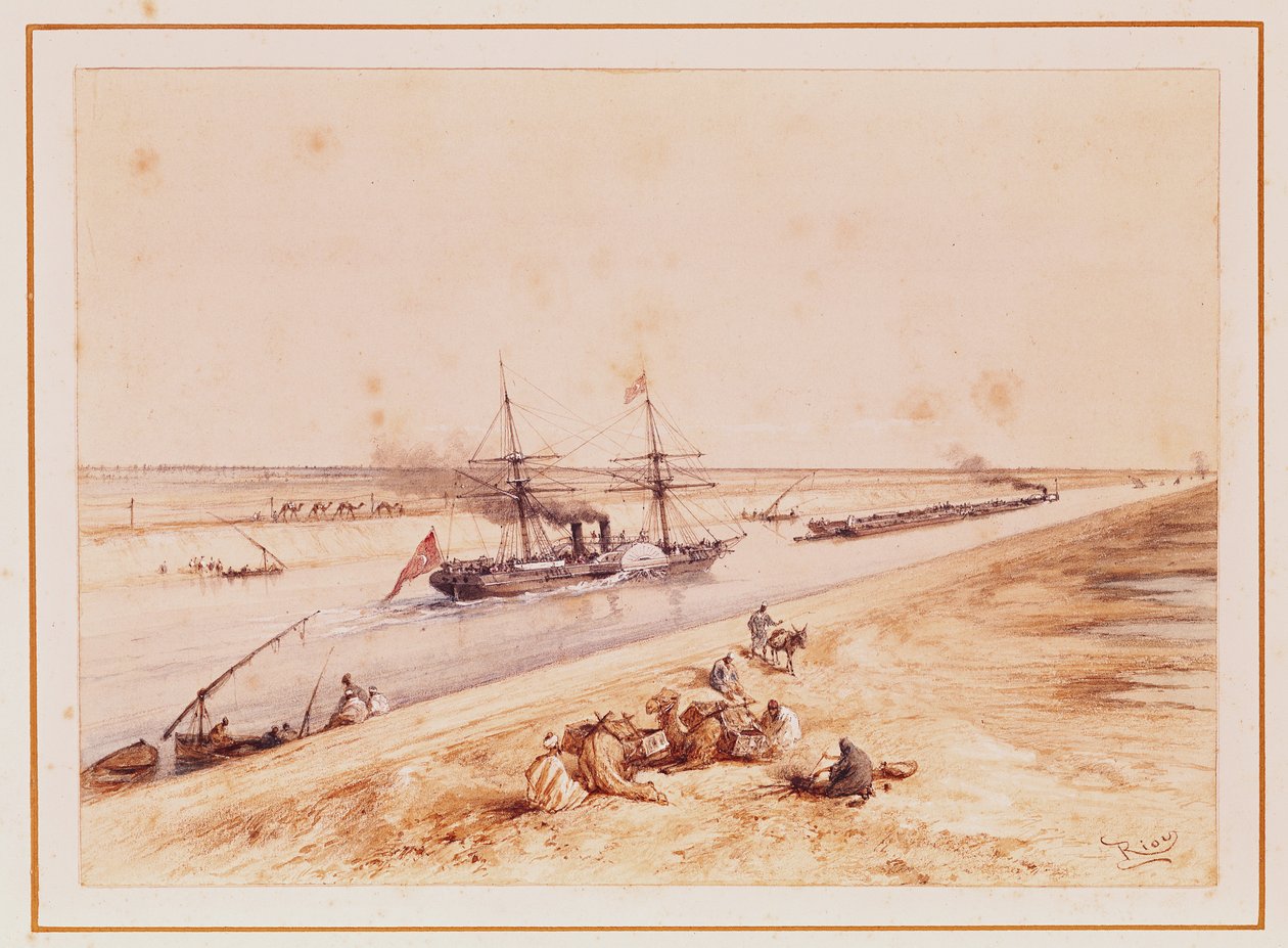 Turkkilainen siipihöyrylaiva nousee Suezin kanavaa pitkin matkamuistoalbumista keisarinna Eugenien (1826-1920) matkan kunniaksi avajaisissa vuonna 1869 tekijältä Edouard Riou