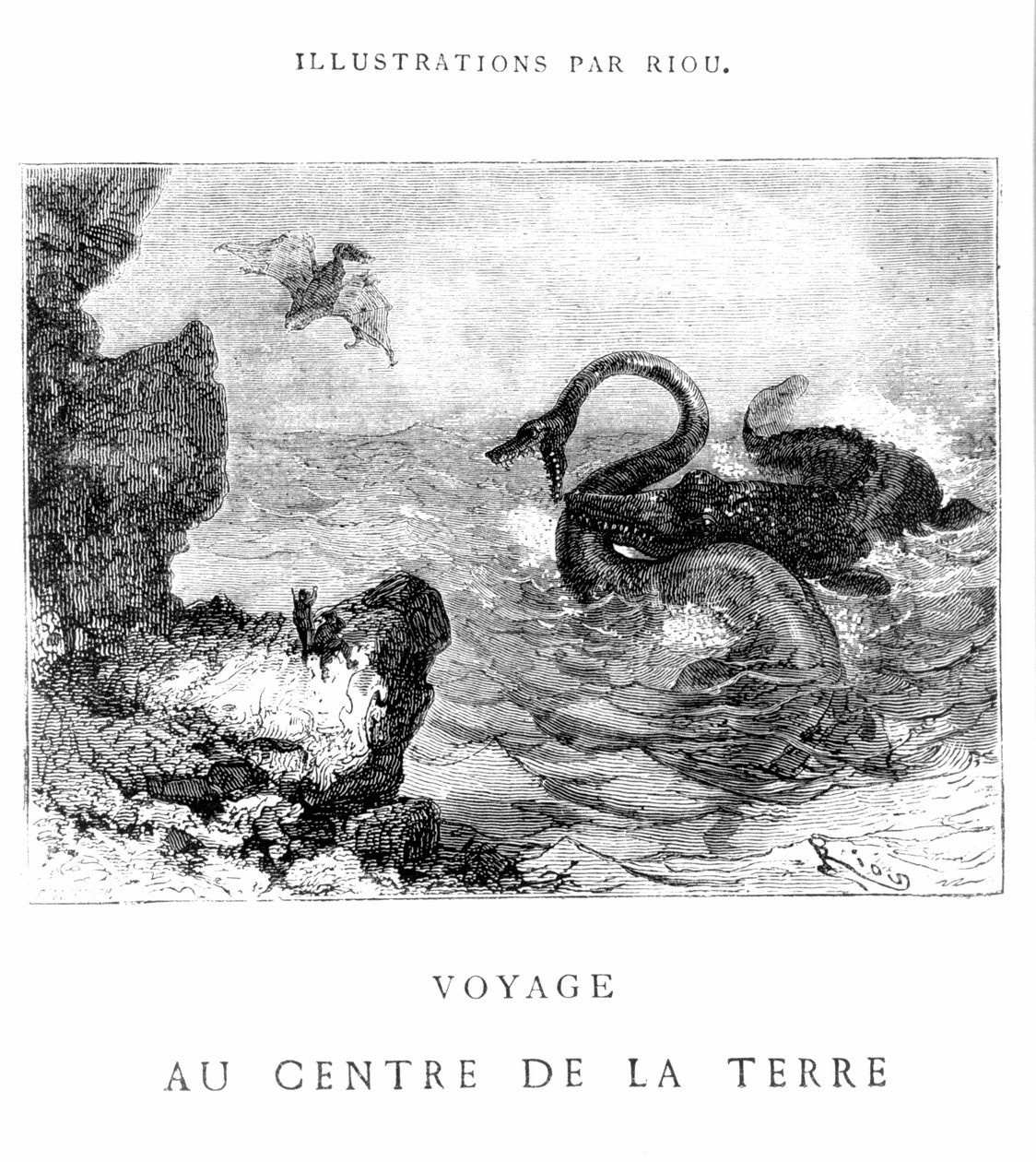 Kuvitus Jules Vernen (1828-1905) teoksesta "Voyage au center de la terre", Pannemakerin kaivertama, J.Hetzel, 1800-luku tekijältä Edouard Riou