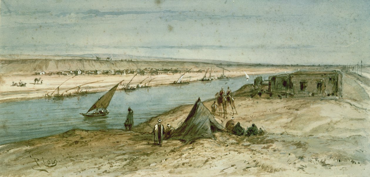 Suezin kanava, matkamuistoalbumista, jolla muistetaan keisarinna Eugenien matkaa (1827-1920) avajaisissa vuonna 1869 tekijältä Edouard Riou