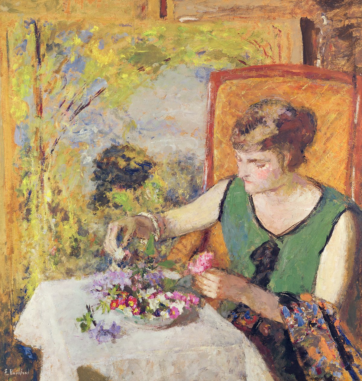 Nainen kukkakimpun kanssa, 1925 tekijältä Edouard Vuillard