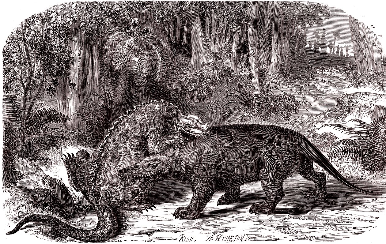 Iguanodon ja Megalosaurus tekijältä Edouard Riou