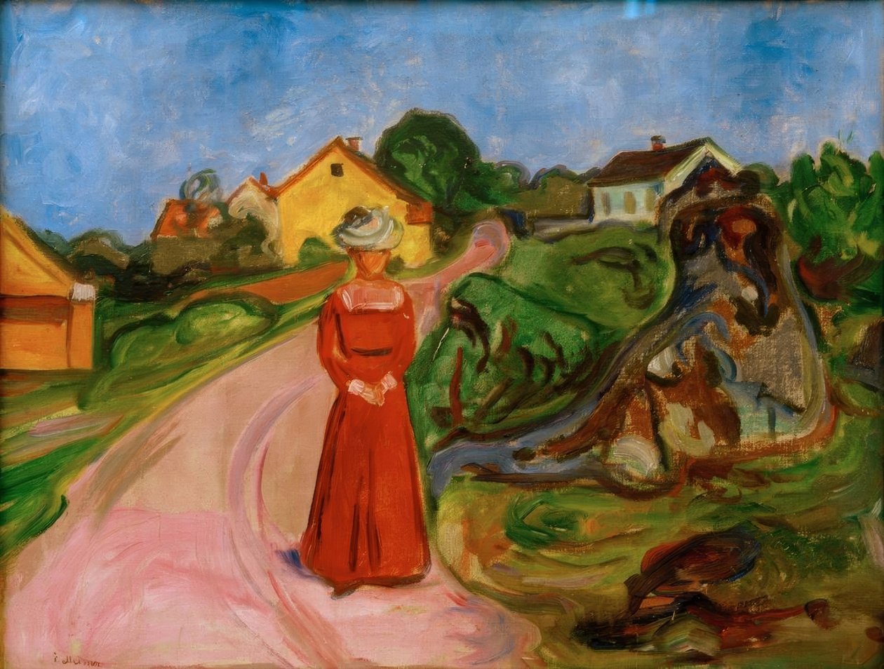 Frau in rotem Kleid (Straße in Åsgårdstrand) tekijältä Edvard Munch